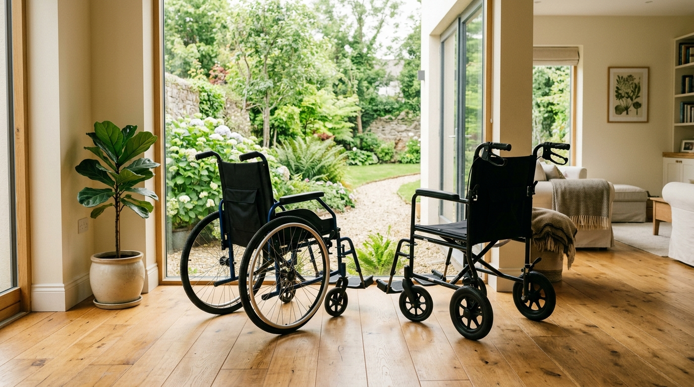 Side-by-side comparison of a manual self-propelled wheelchair and a lightweight transport wheelchair in a bright Irish home setting
