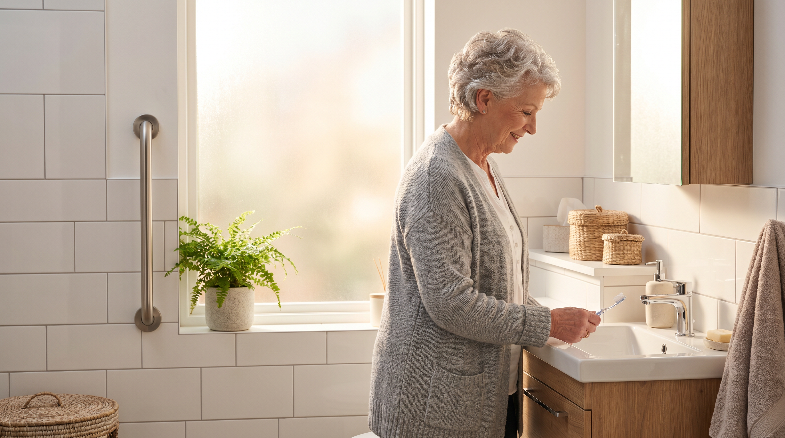 Woman standing confidently at a bathroom sink with a grab rail mounted on the wall beside her, in a bright modern Irish home bathroom