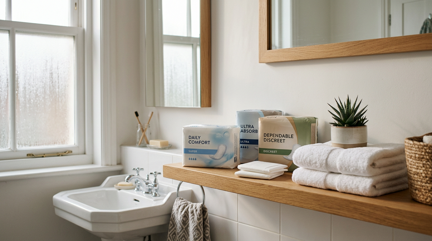 Selection of continence pads neatly arranged in a bright Irish bathroom setting, emphasising comfort and everyday independence