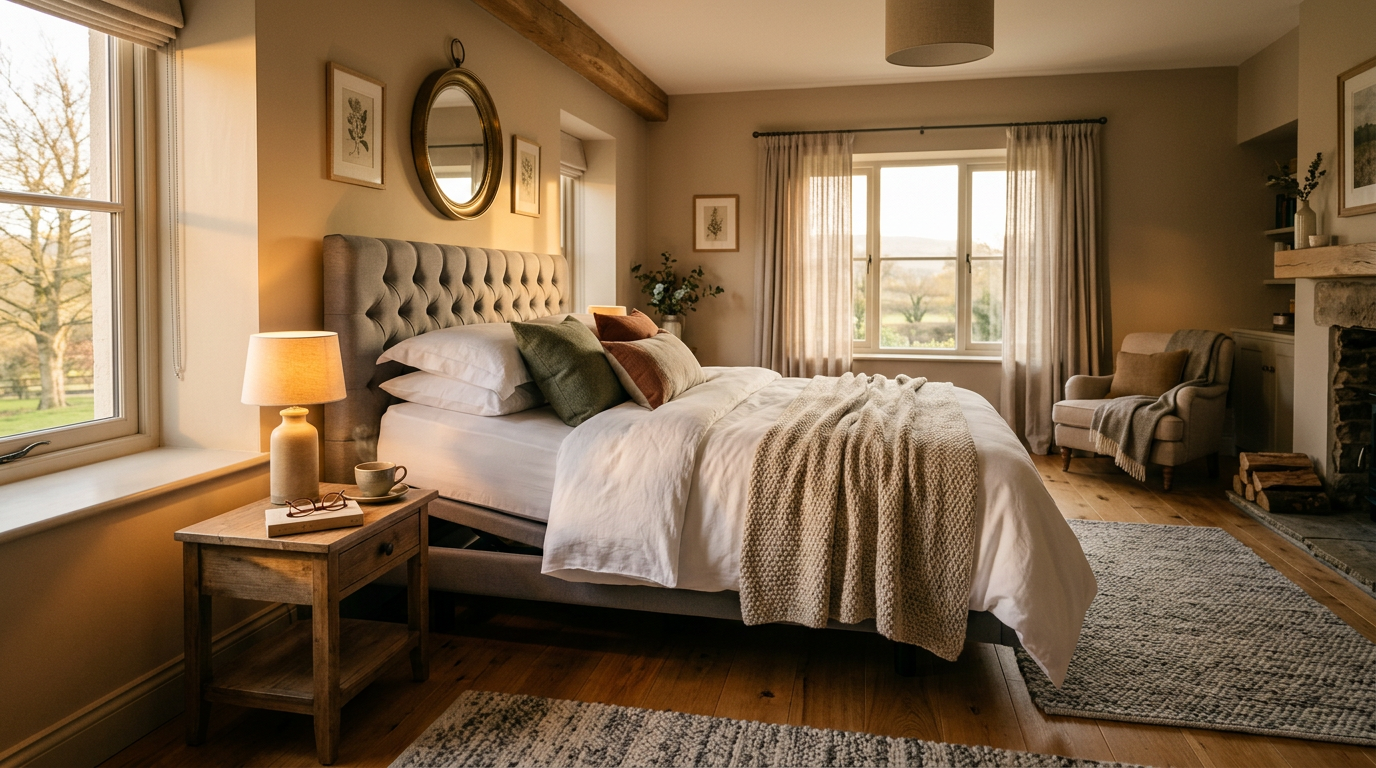 Premium adjustable bed with raised head position in a warm, stylishly decorated Irish bedroom