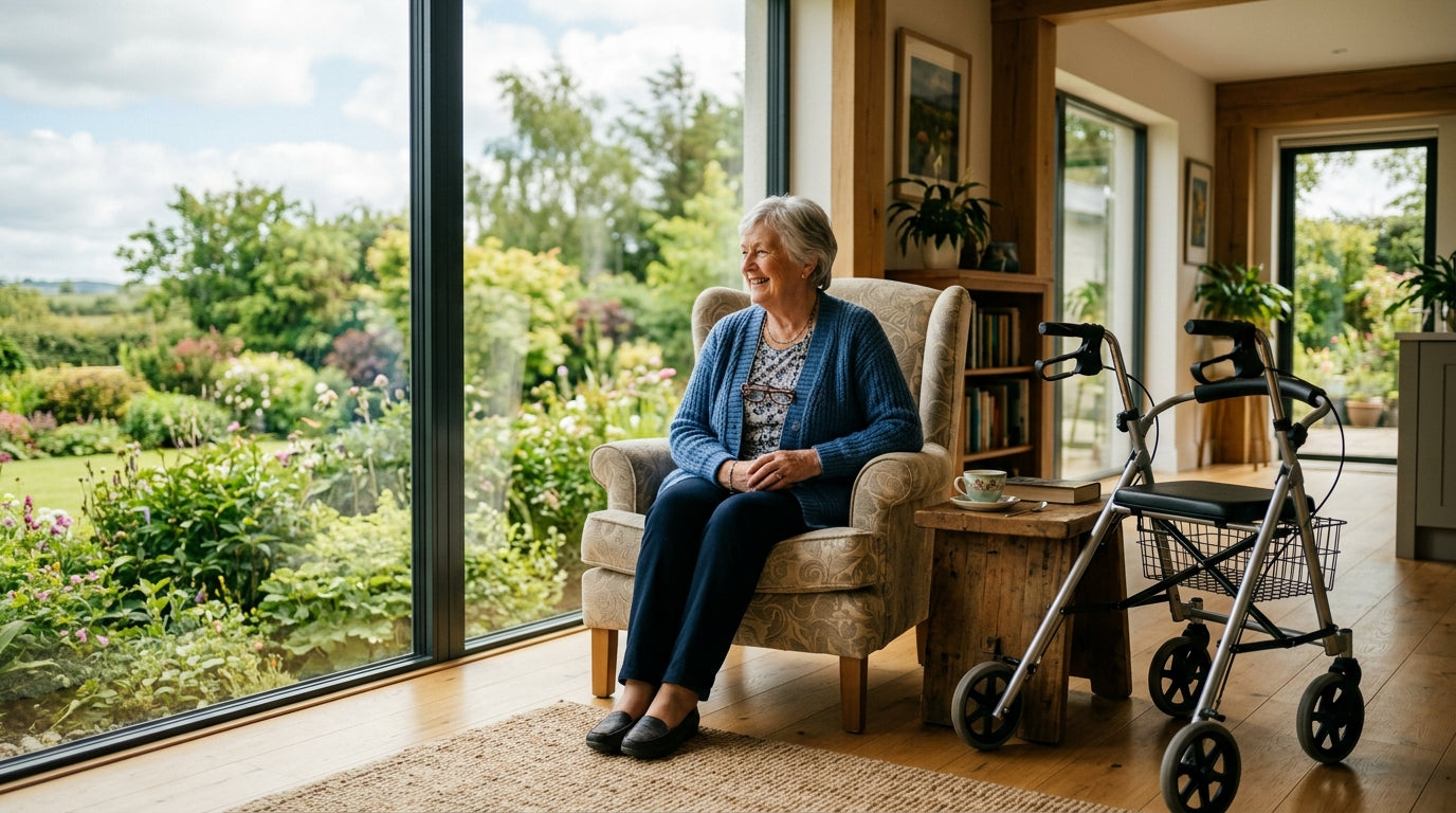 Older woman relaxing in a bright Irish home beside a rollator frame, representing HSE home care supports and independent living equipment in Ireland