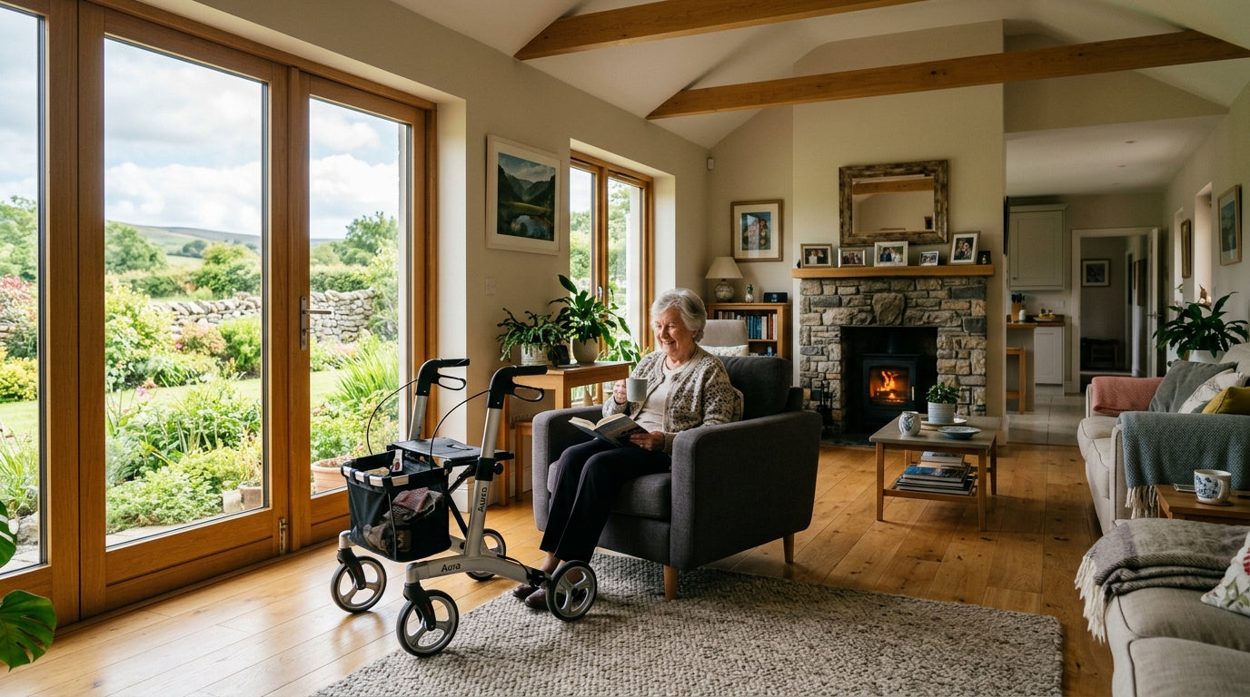 Bright and safe Irish home interior with a rollator frame beside an armchair, demonstrating practical home safety for independent living