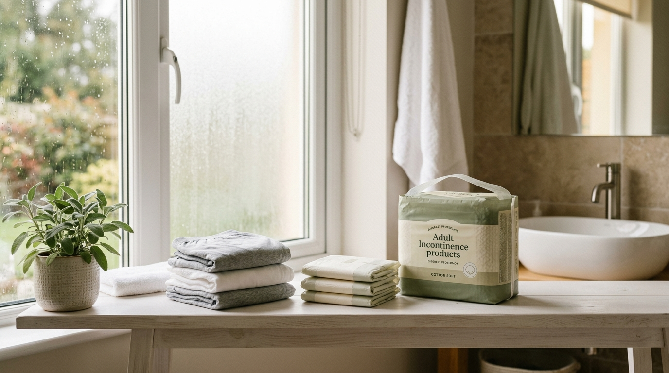 Selection of continence care products neatly displayed on a bathroom shelf in a bright Irish home, including protective underwear and discreet pads