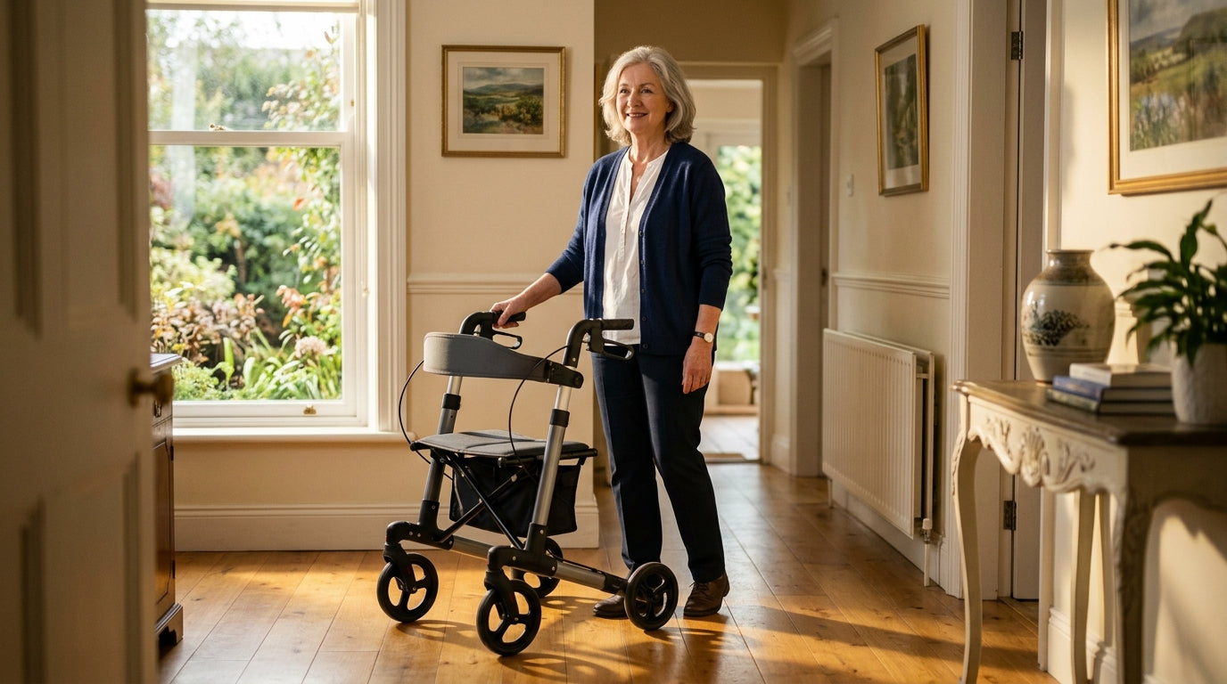 A woman using a lightweight rollator walker in a bright Irish home hallway, demonstrating confident and steady movement