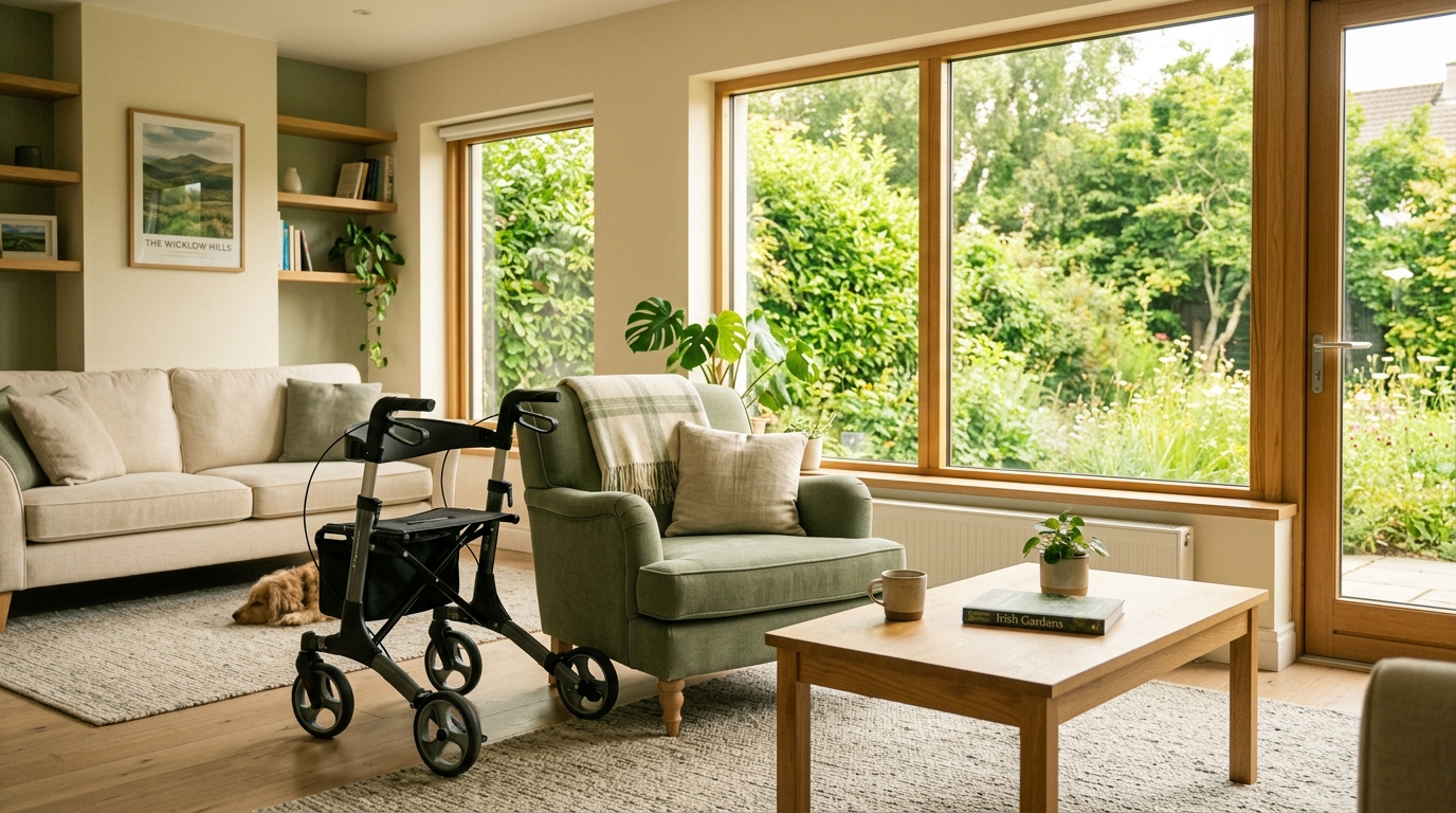 Rollator walker positioned in a bright, modern Irish home living room — illustrating mobility aids available through grants in Ireland 2026