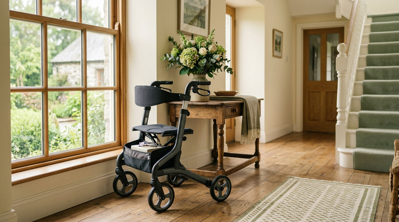 A modern lightweight rollator frame with ergonomic handles and padded seat positioned in a bright Irish home hallway with natural daylight