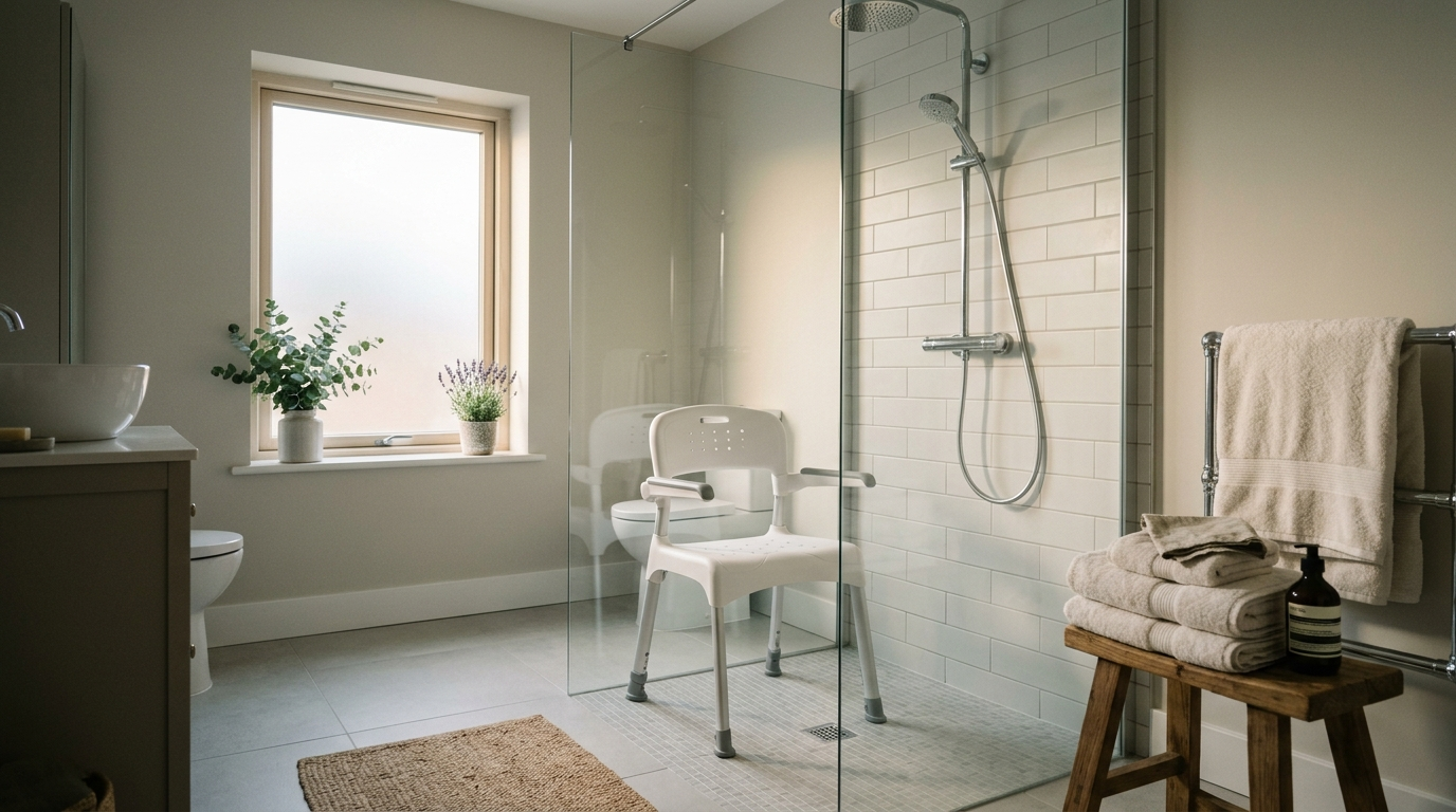 Adjustable shower chair positioned in a modern Irish bathroom with warm natural lighting and clean white tiles