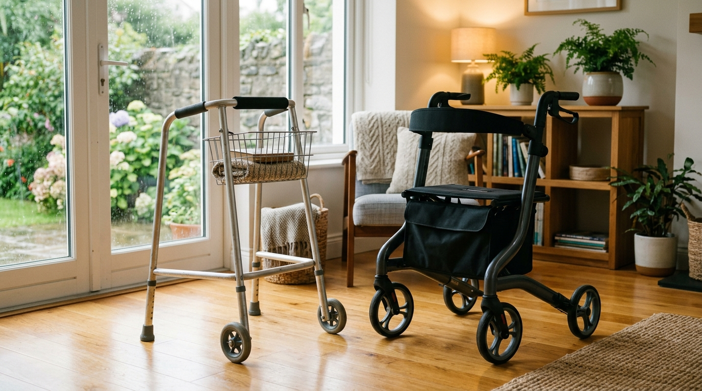A 2-wheel rollator frame and a 4-wheel rollator with seat displayed side by side in a bright Irish home setting