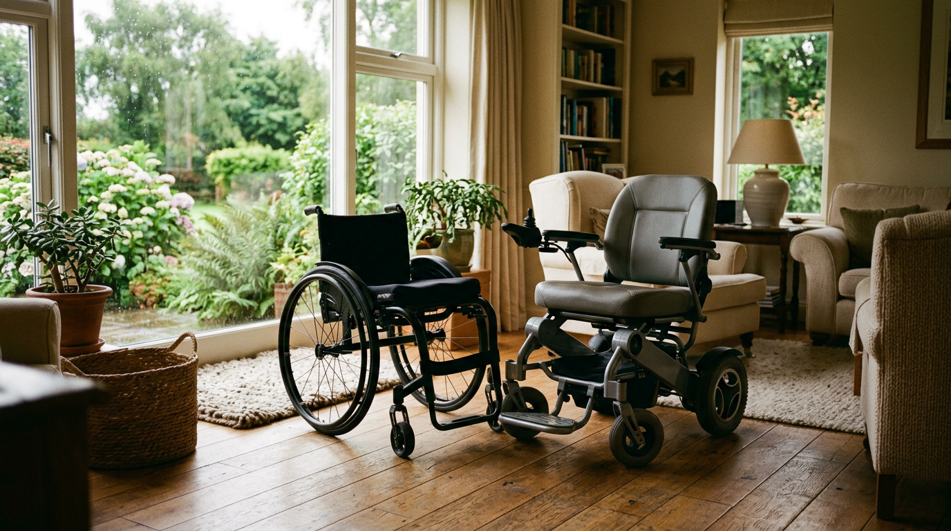 A manual wheelchair and a powered electric wheelchair displayed side by side in a bright Irish home setting
