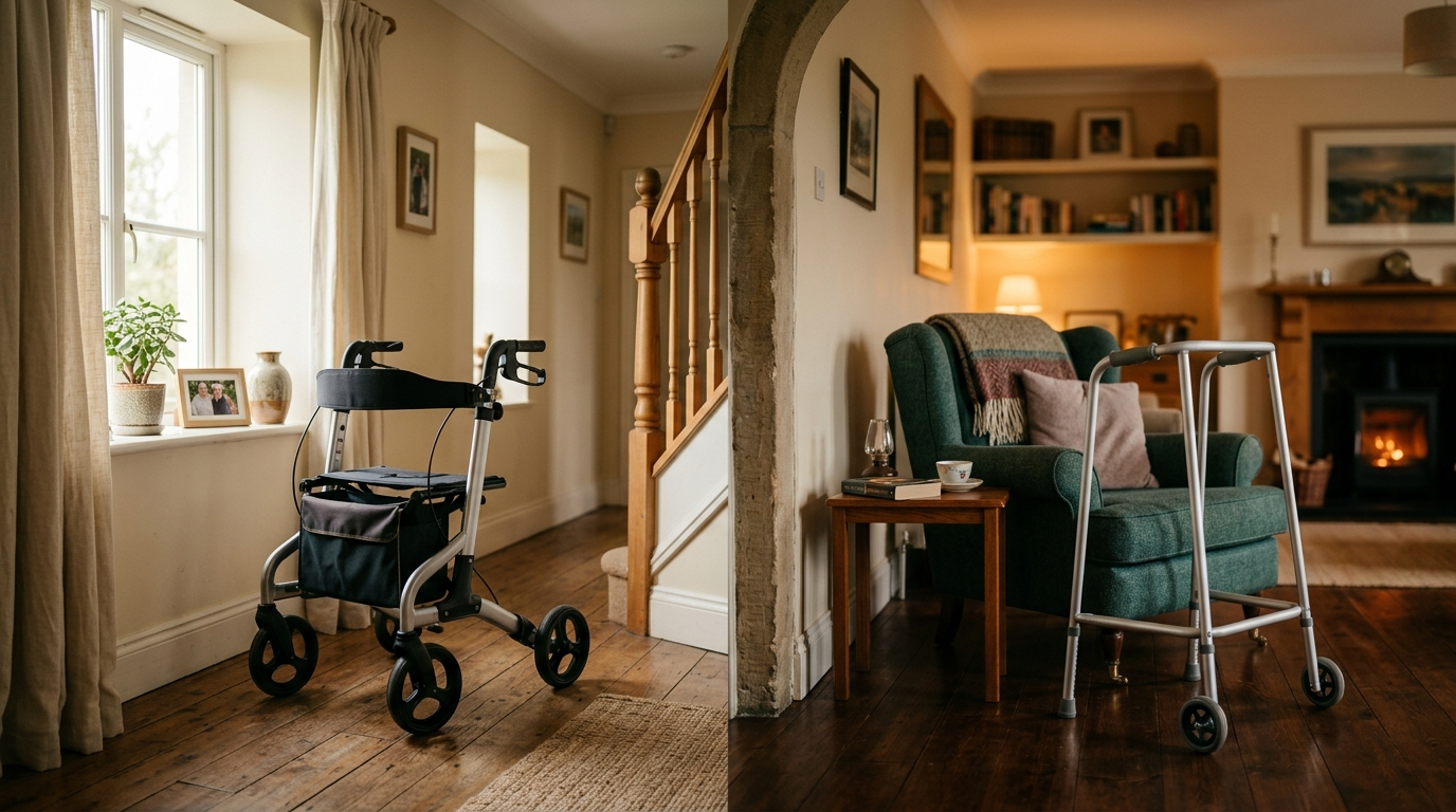 A rollator with a padded seat beside a standard walking frame in a bright Irish home hallway
