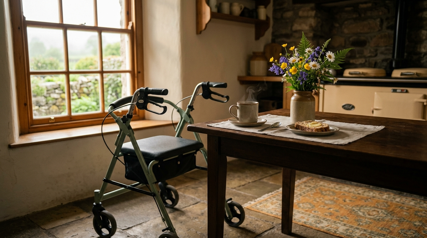 A modern lightweight rollator beside a warm Irish kitchen table with morning tea and wildflowers, representing everyday independence and confident movement