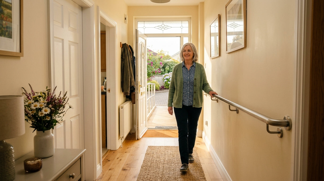 Bright Irish home hallway with grab rail and accessibility ramp, representing Housing Adaptation Grant improvements