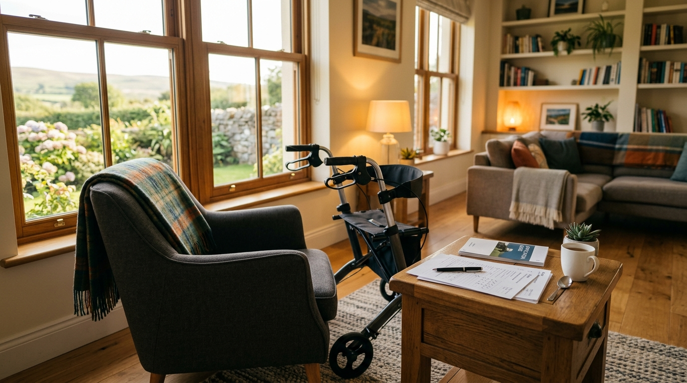 A rollator walker beside an armchair in a bright Irish living room, with application paperwork and a cup of tea on a side table
