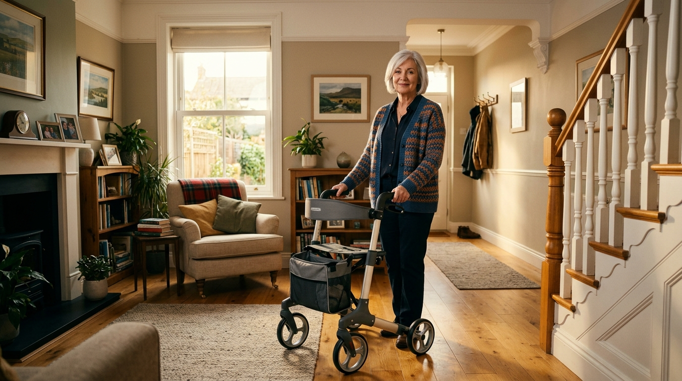 Woman confidently standing in a bright Irish home hallway beside a modern rollator, representing fall prevention and independent living