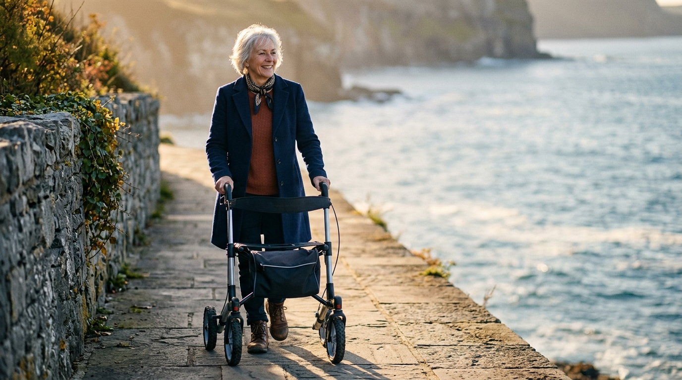 Person using a rollator walker with large wheels on an outdoor coastal path in Ireland on a sunny autumn day