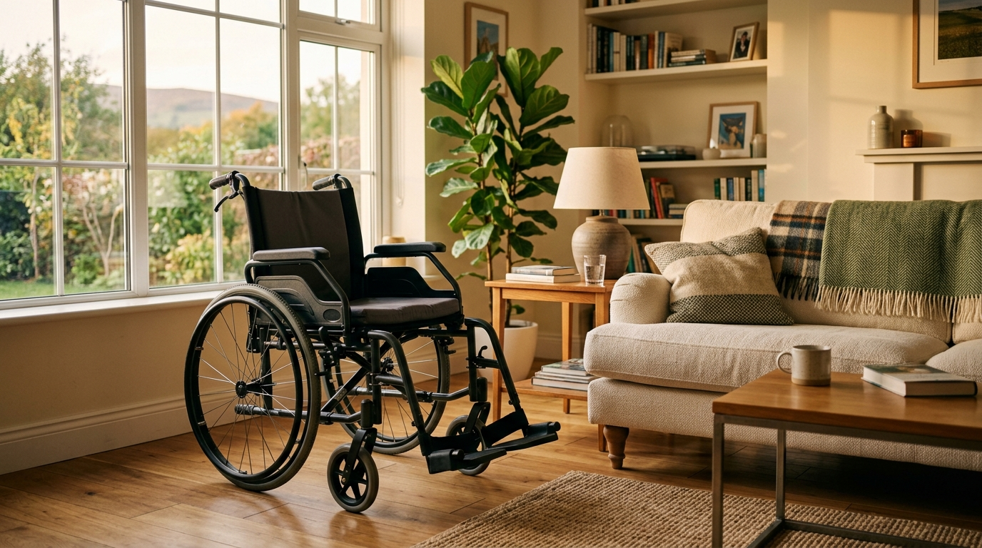 A manual wheelchair positioned in a bright, modern Irish home living room beside a sofa, representing comfortable and practical home use mobility support