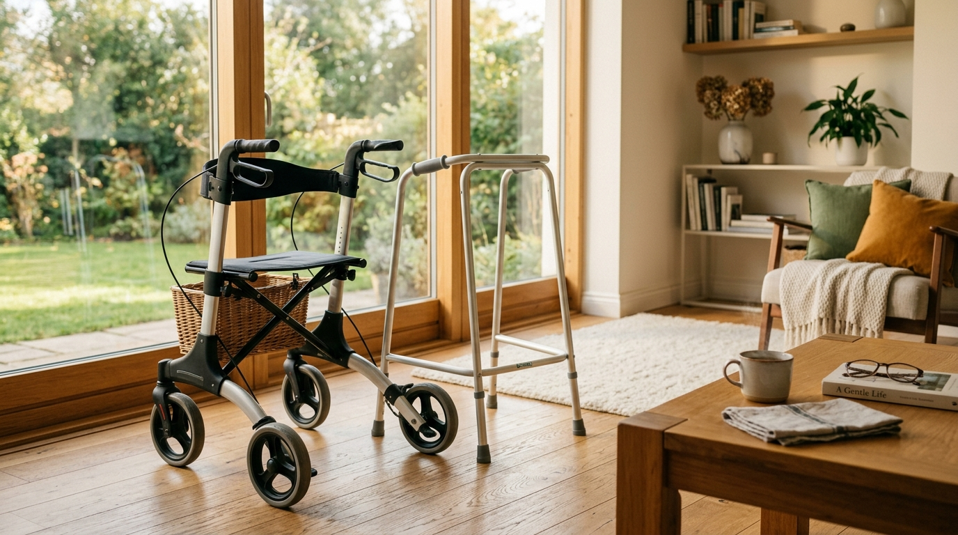 A silver rollator with padded seat placed beside a lightweight walking frame in a bright Irish home interior