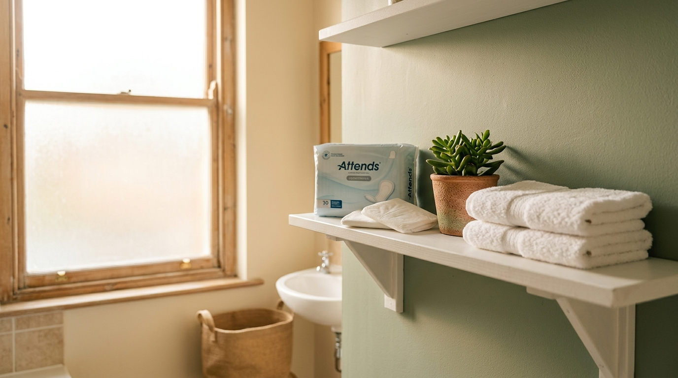 A neatly arranged selection of continence care products on a bathroom shelf with warm natural light