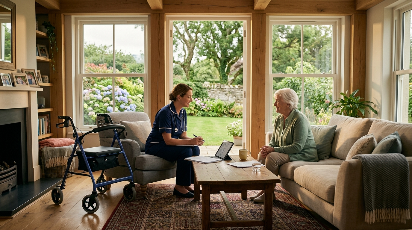 Healthcare professional discussing HSE home care supports and equipment options with a person in their Irish home