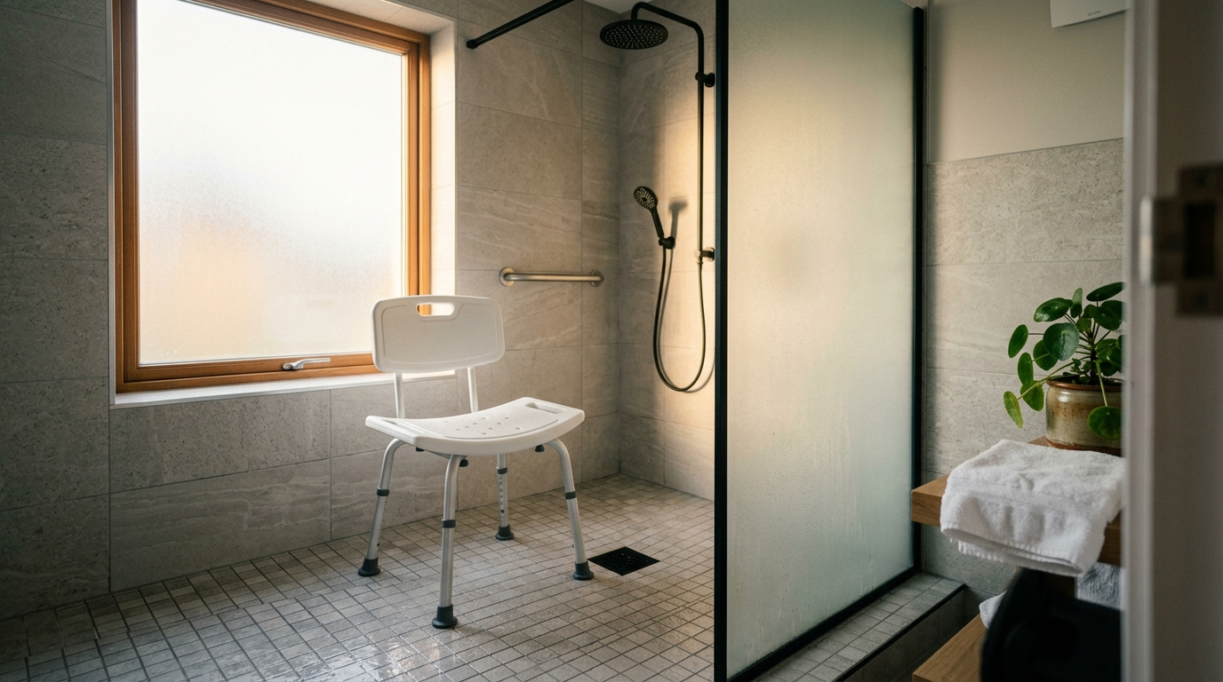 A sturdy white shower chair placed inside a modern walk-in wet room shower in an Irish home