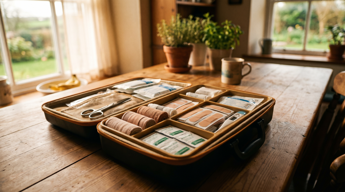 Open first aid kit with organised contents including bandages, plasters, and antiseptic wipes on a wooden table in an Irish home