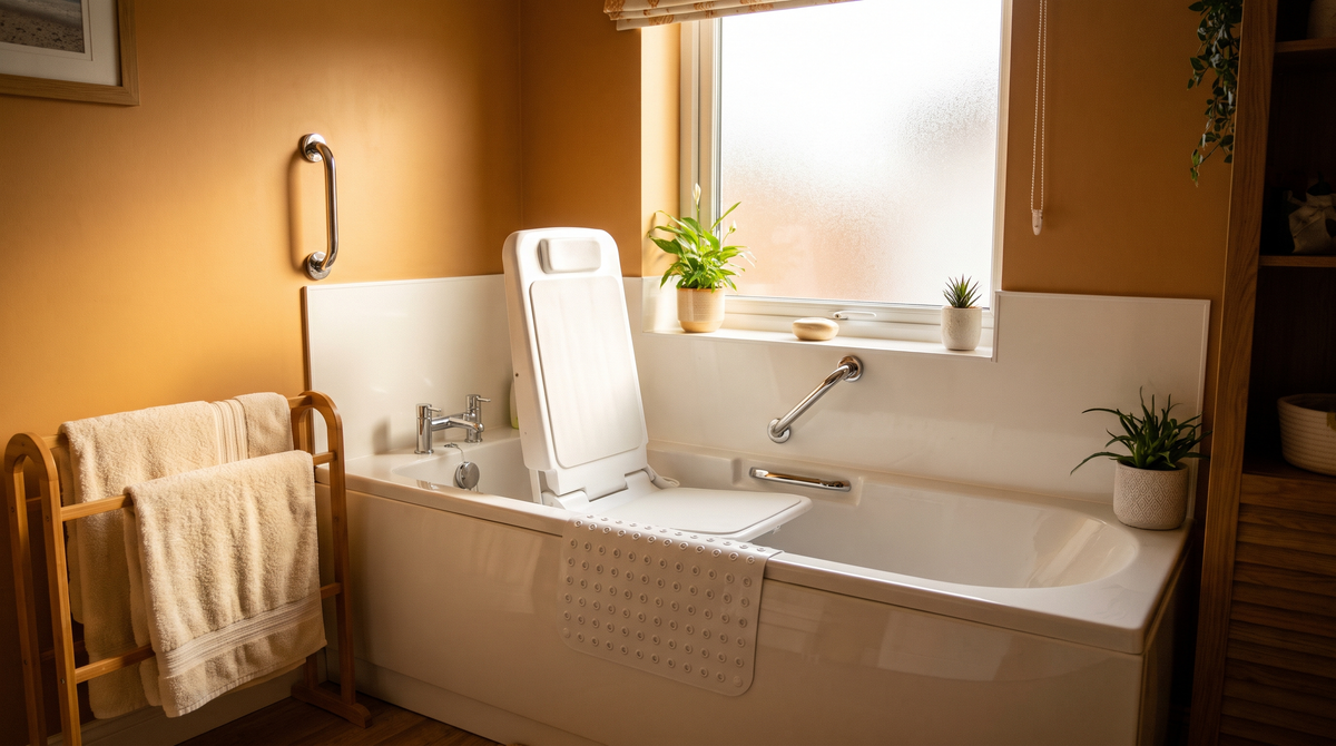 A modern bath lift installed in a clean Irish bathroom with grab rails and non-slip mat for safe, independent bathing
