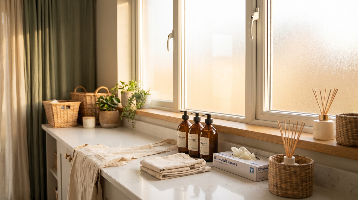 A selection of handwash dispensers, PPE gloves and odour control products arranged on a clean countertop in a bright Irish home