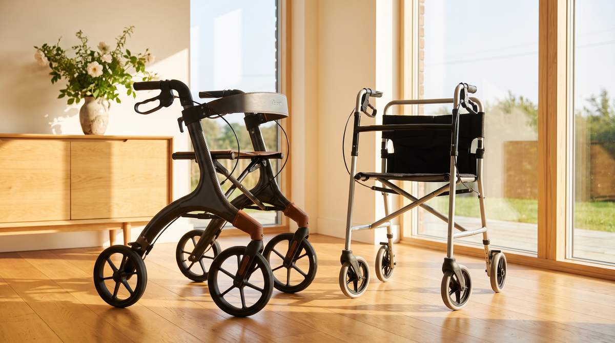 A premium lightweight rollator placed beside a standard steel rollator in a bright modern Irish home interior