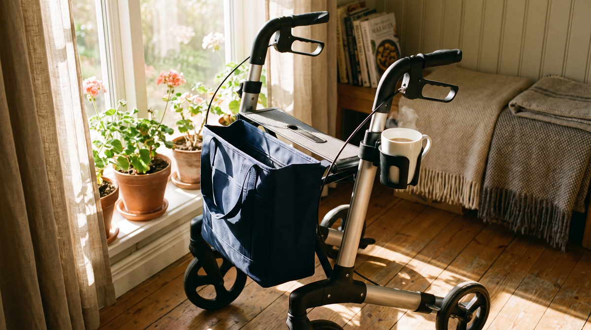 A rollator walker fitted with a storage bag and cup holder beside a sunny kitchen window in an Irish home