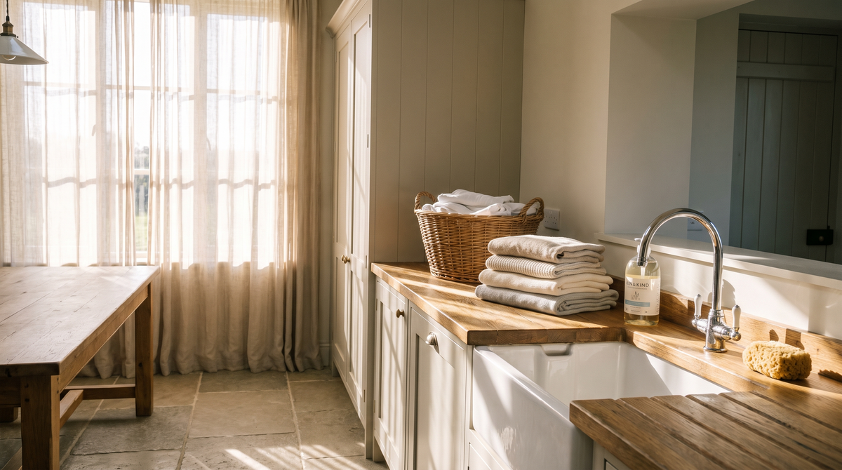 Bright and organised Irish kitchen utility area with laundry essentials, fresh linen, and dishwashing supplies neatly arranged on a countertop