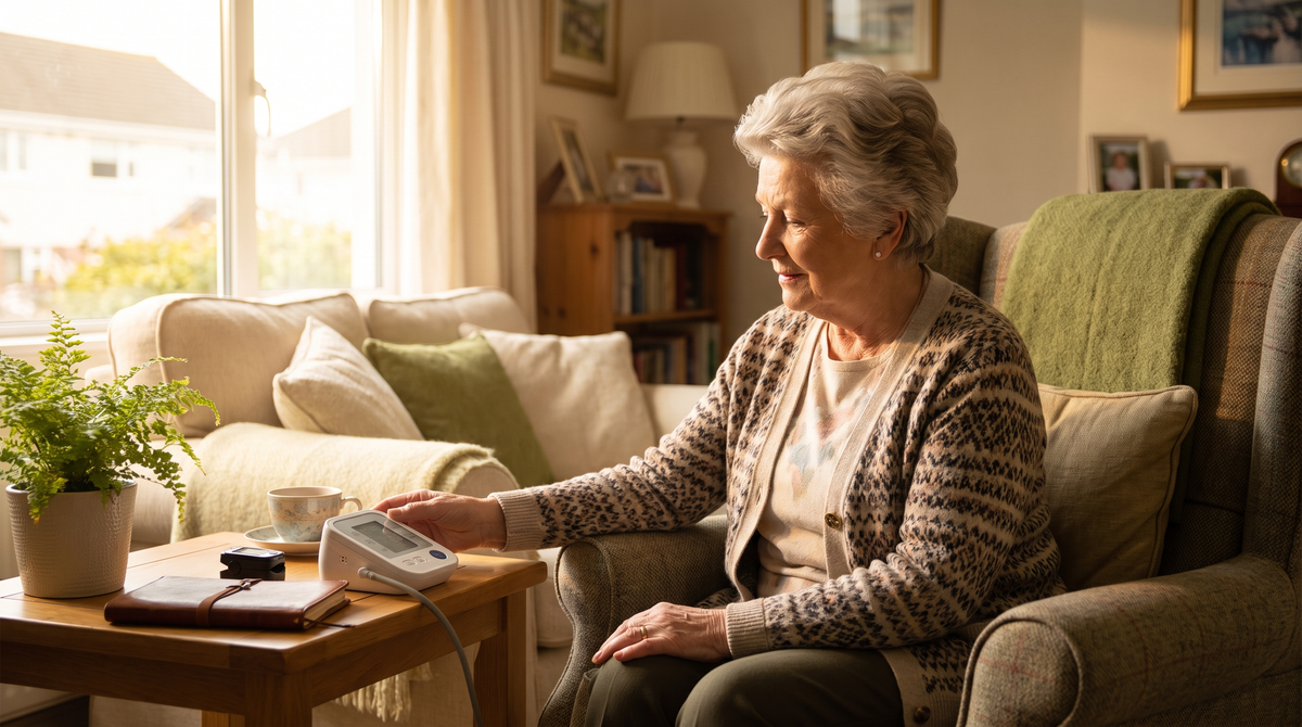 Woman using a digital blood pressure monitor at home beside a window with soft natural light