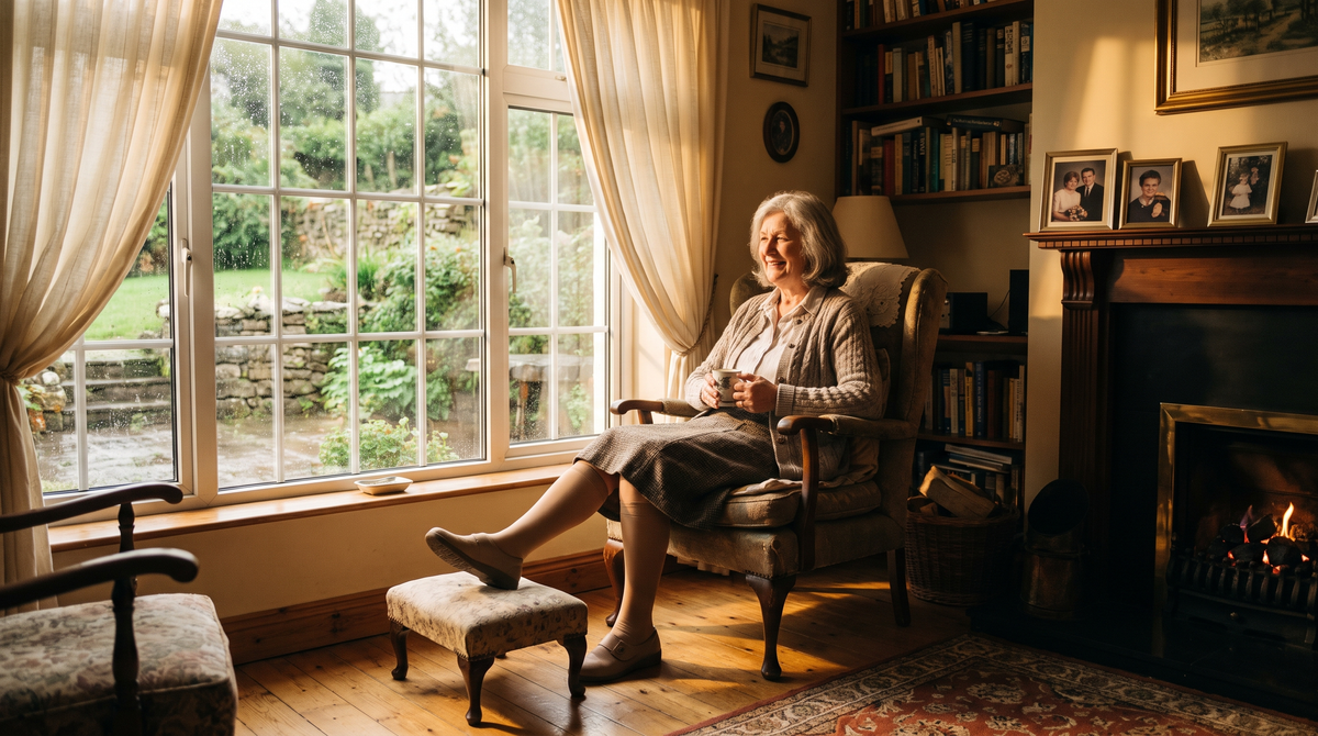 Woman sitting comfortably in an Irish living room wearing compression hosiery, with legs resting on a footstool in soft morning light