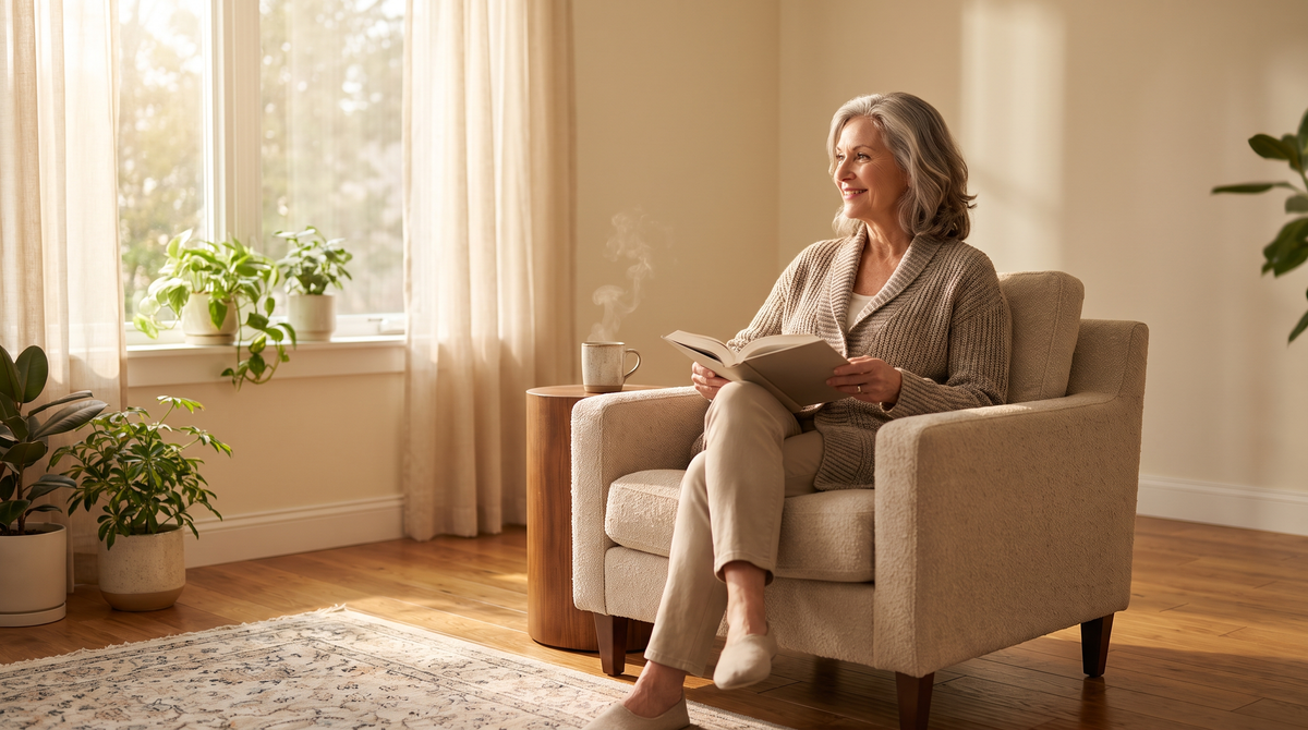 Woman sitting with good posture in a supportive armchair in a bright Irish living room