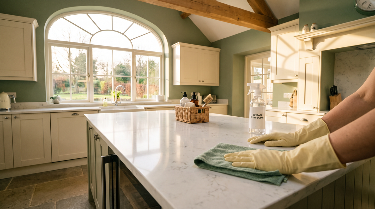Gloved hands wiping down a kitchen countertop with a microfibre cloth and surface disinfectant spray in a bright Irish home