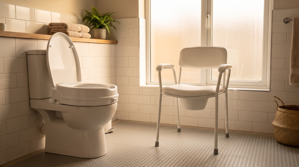 A raised toilet seat fitted to a standard toilet beside a freestanding commode chair in a bright, modern Irish bathroom