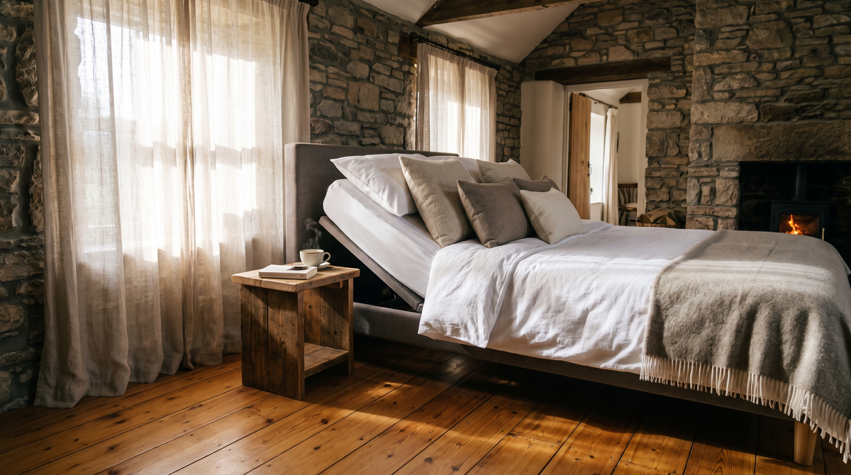 Modern adjustable bed raised at the head in a warm, naturally lit Irish bedroom with white linen and a cup of tea on the bedside table