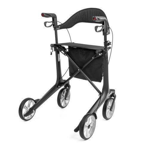 Black rollator with wheels on a white background