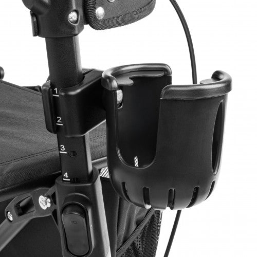 Black cup holder attached to a bicycle frame on a white background