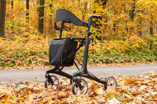 Black rollator on a path with autumn leaves and trees in the background