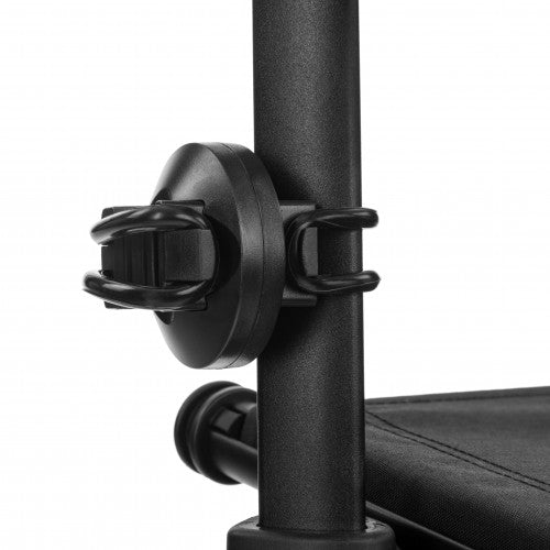 Black chair armrest with a support bracket on a white background