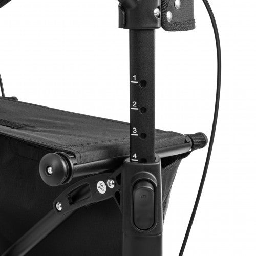 Close-up of a black adjustable stand with measurement markings on a white background