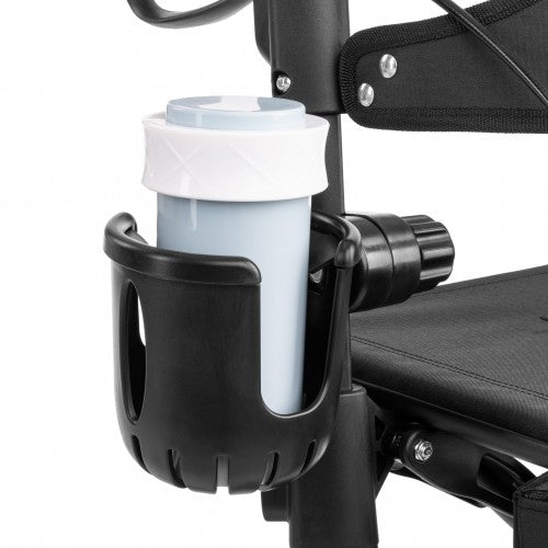 Black cup holder attached to a stroller with a white cup inside.