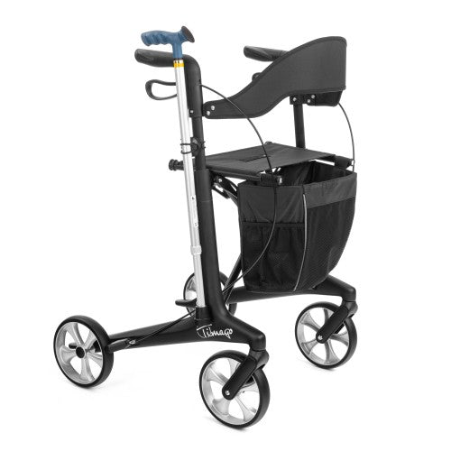 Black rollator with a seat and cane holder on a white background