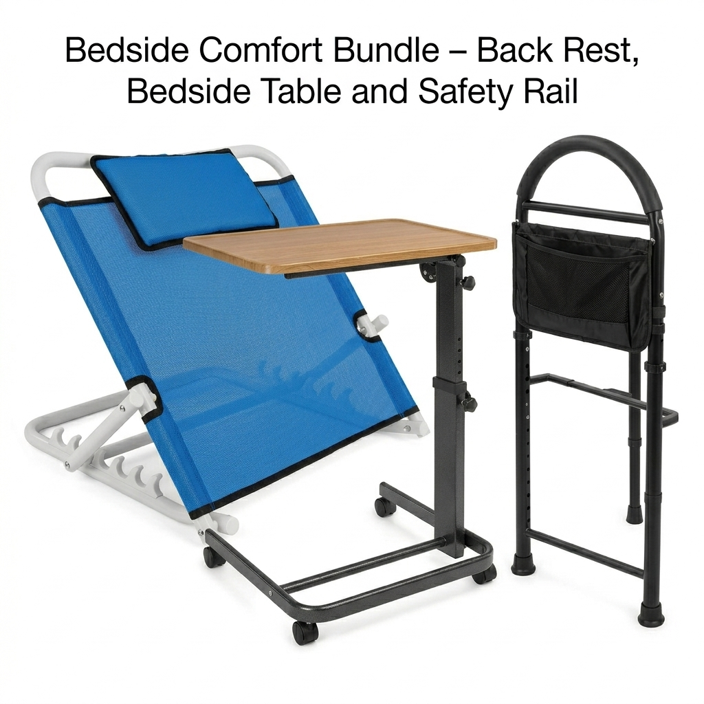 Bedside Comfort Bundle – Back Rest, Bedside Table and Safety Rail