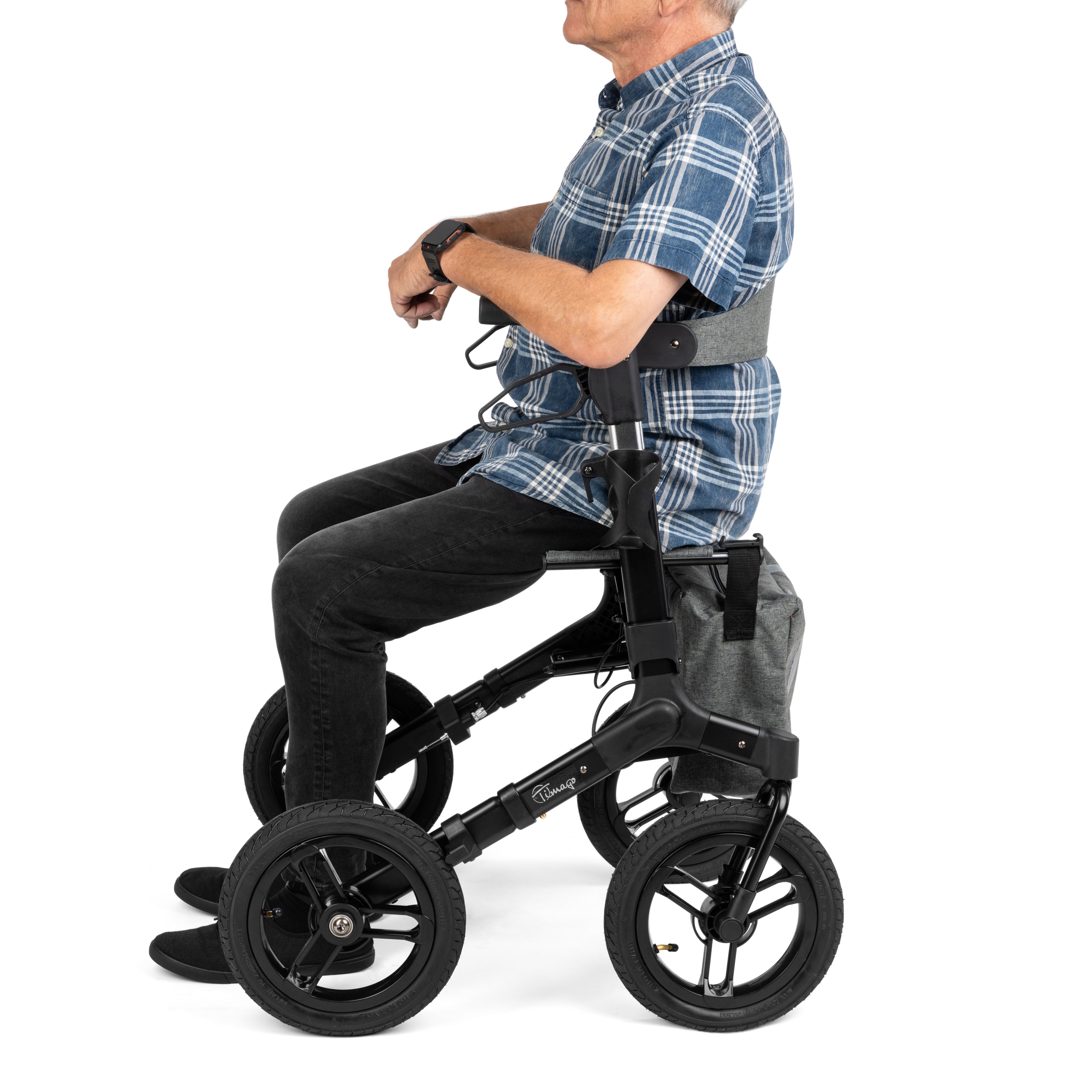 RANGER Aluminium Rollator with 12-Inch Pneumatic Wheels for Outdoor Use Black (Ireland)