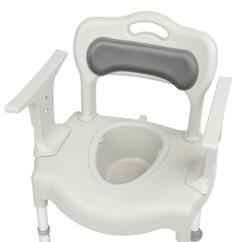 Movano chair with seat cushion removed to show the commode opening