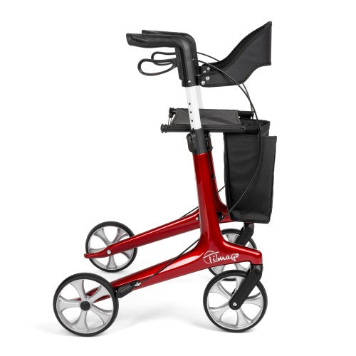 Red rollator with black seat and bag on a white background