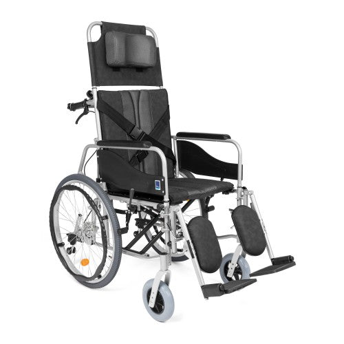 Aluminium Reclining Wheelchair – Adjustable Backrest, Leg Rests & Head Support – Lightweight, Foldable, Anti-Tip Design