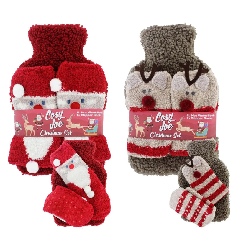 Cosy Joe 1L Xmas Covered Bottle & Sock Set (Pack of 6)