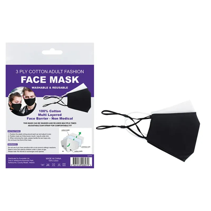 3 Ply Black/White Cotton Face Mask (Pack of 12)